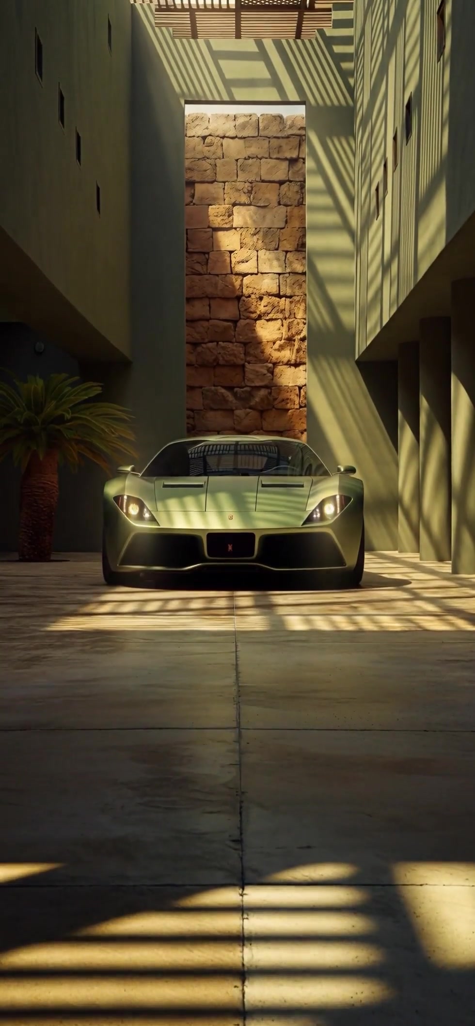 Green Sports Car in Modern Courtyard